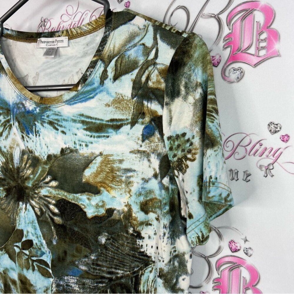 Conrad C tshirt leaf tropical Print Short Sleeve Women's Top - Blue and Green - Picture 5 of 8